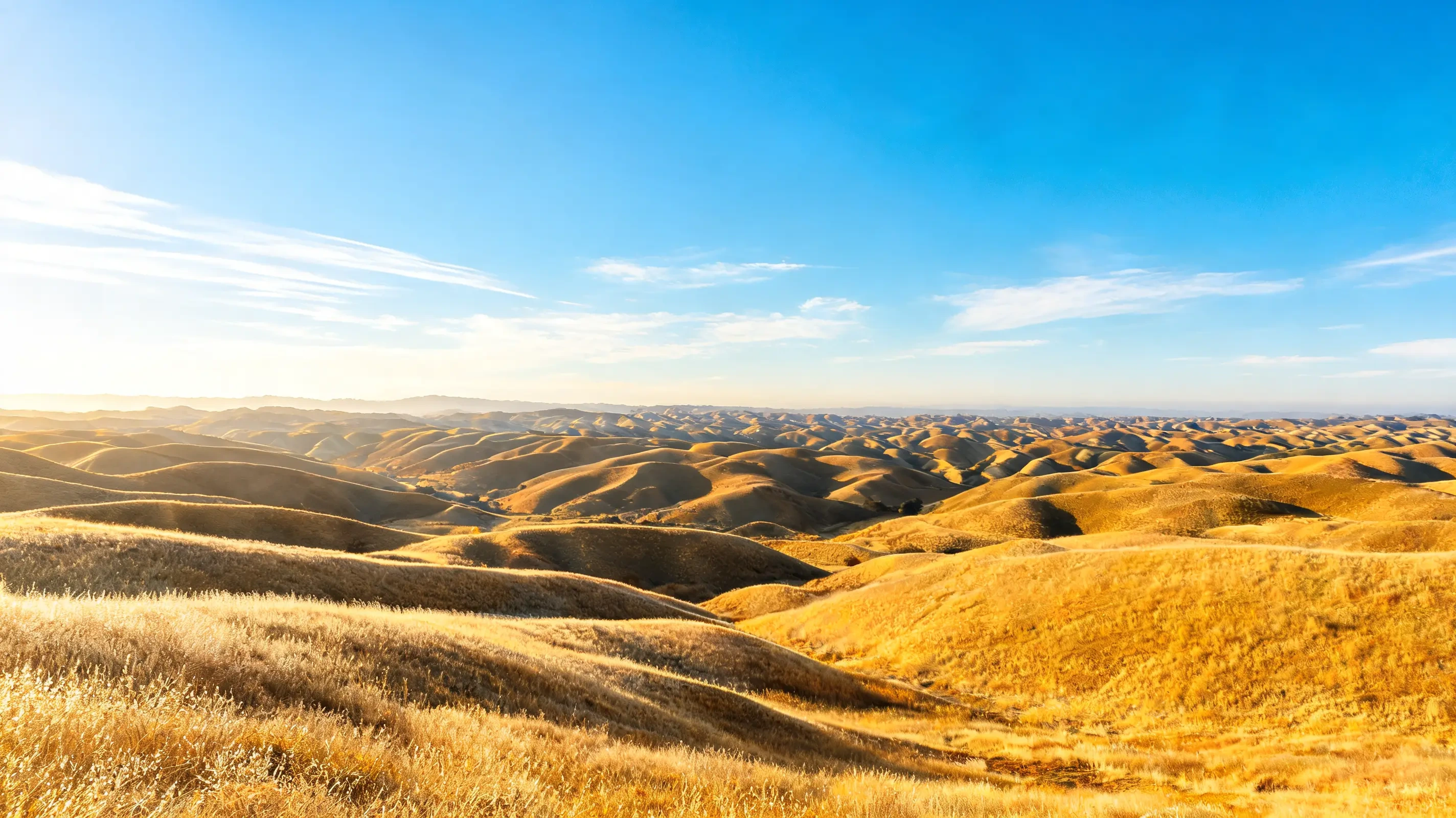 Vast sunlit California golden hills beneath a clear blue sky